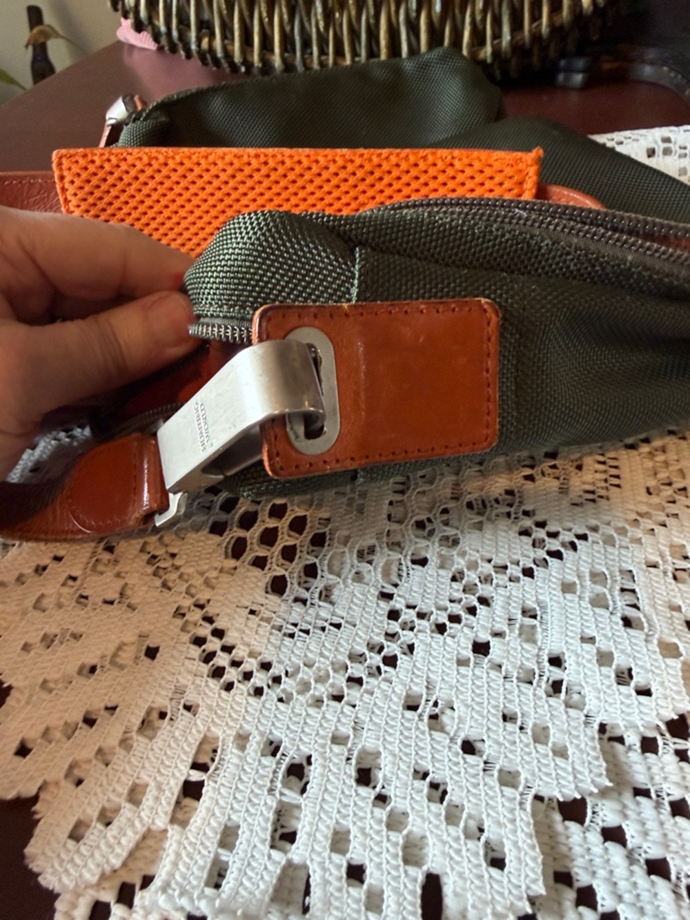 Olive Green Canvas Crossbody Bag with Orange Lining - Picture 6 of 9